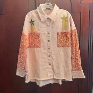 Chicme pink denim shirt or shacket sequined sleeves star patches frayed hem Med